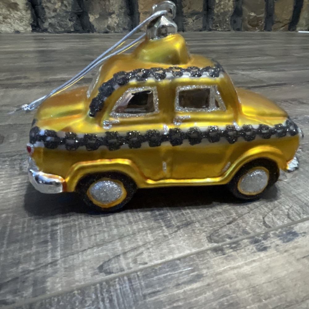 Department 56 6" checkered yellow taxi cab mercury glass ornament